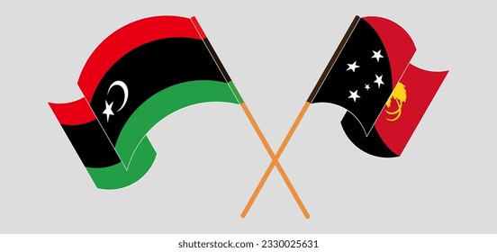 Crossed and waving flags of Libya and Papua New Guinea. Vector illustration
