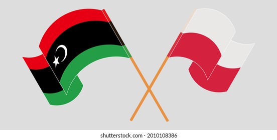 Crossed and waving flags of Libya and Poland