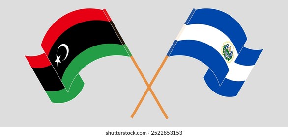 Crossed and waving flags of Libya and Republic of El Salvador. Vector illustration.
