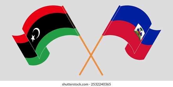 Crossed and waving flags of Libya and Republic of Haiti. Vector illustration.