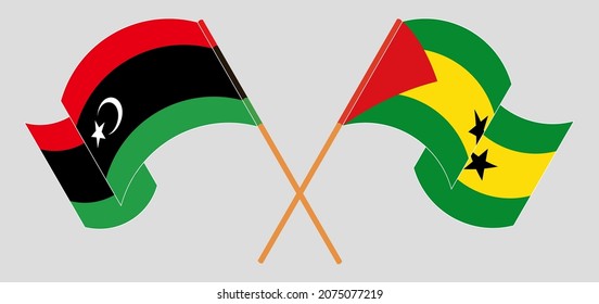 Crossed and waving flags of Libya and Sao Tome and Principe. Vector illustration
