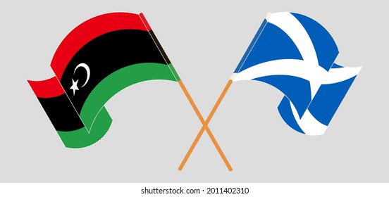 Crossed and waving flags of Libya and Scotland