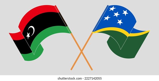 Crossed and waving flags of Libya and Solomon Islands. Vector illustration