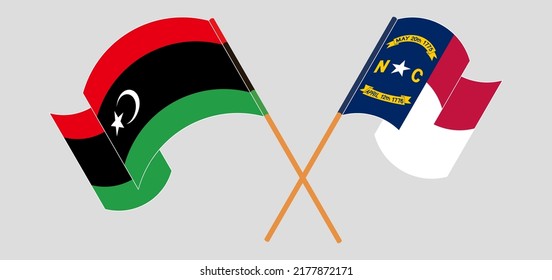 Crossed and waving flags of Libya and The State of North Carolina. Vector illustration
