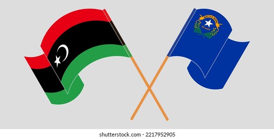 Crossed and waving flags of Libya and The State of Nevada. Vector illustration
