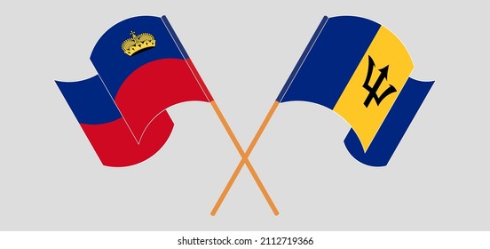 Crossed and waving flags of Liechtenstein and Barbados. Vector illustration
