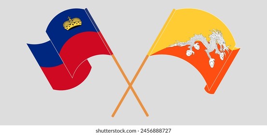 Crossed and waving flags of Liechtenstein and Bhutan. Vector illustration
