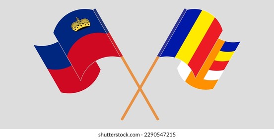 Crossed and waving flags of Liechtenstein and Buddhism. Vector illustration
