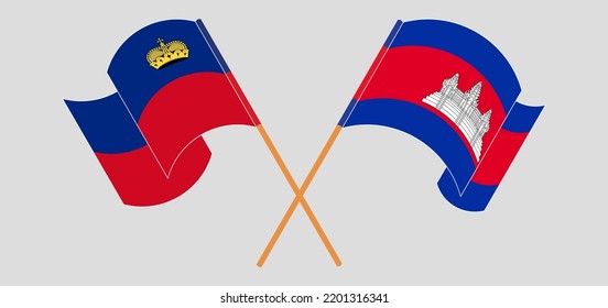 Crossed and waving flags of Liechtenstein and Cambodia. Vector illustration
