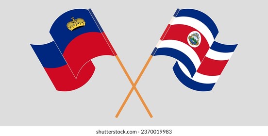 Crossed and waving flags of Liechtenstein and Costa Rica. Vector illustration
