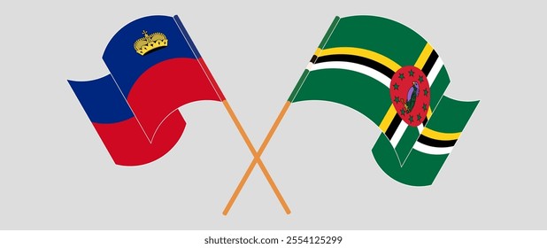 Crossed and waving flags of Liechtenstein and Dominica. Vector illustration.
