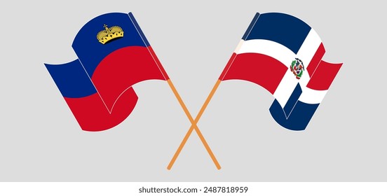 Crossed and waving flags of Liechtenstein and Dominican Republic. Vector illustration
