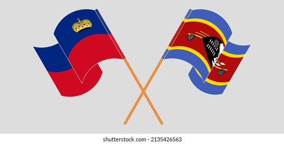 Crossed and waving flags of Liechtenstein and Eswatini. Vector illustration
