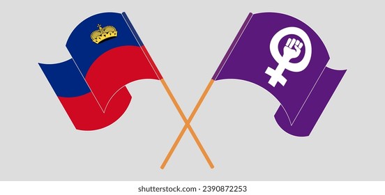 Crossed and waving flags of Liechtenstein and Feminism. Vector illustration
