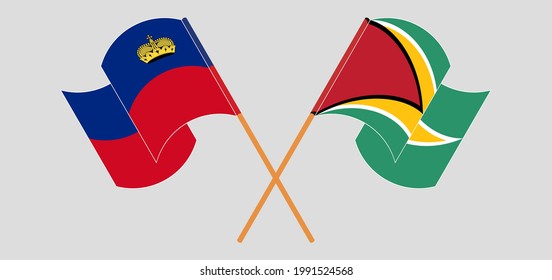 Crossed and waving flags of Liechtenstein and Guyana