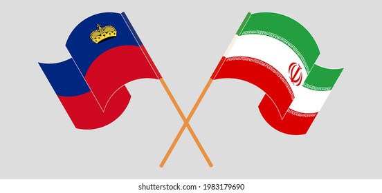 Crossed and waving flags of Liechtenstein and Iran