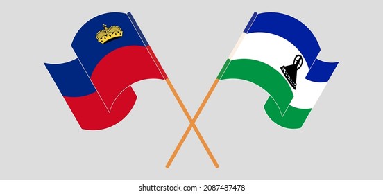 Crossed and waving flags of Liechtenstein and Kingdom of Lesotho. Vector illustration
