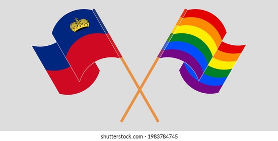 Crossed and waving flags of Liechtenstein and LGBTQ