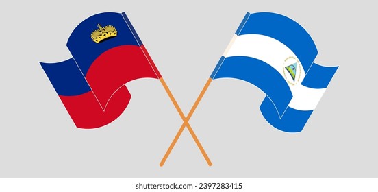 Crossed and waving flags of Liechtenstein and Nicaragua. Vector illustration
