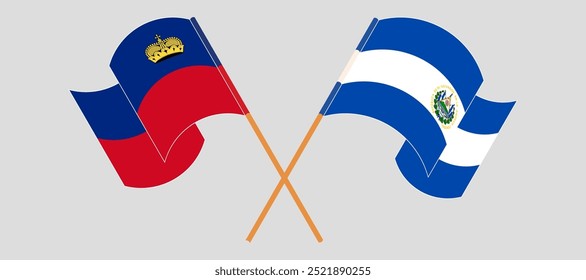 Crossed and waving flags of Liechtenstein and Republic of El Salvador. Vector illustration.
