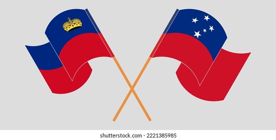 Crossed and waving flags of Liechtenstein and Samoa. Vector illustration
