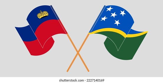 Crossed and waving flags of Liechtenstein and Solomon Islands. Vector illustration