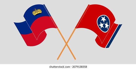Crossed and waving flags of Liechtenstein and The State of Tennessee. Vector illustration
