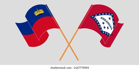 Banderas cruzadas y ondeadas de Liechtenstein y el Estado de Arkansas. Ilustración del vector
