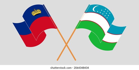 Crossed and waving flags of Liechtenstein and Uzbekistan