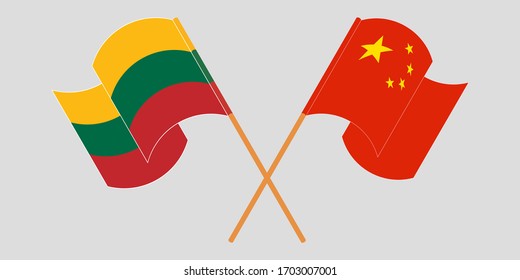 Crossed and waving flags of Lithuania and China
