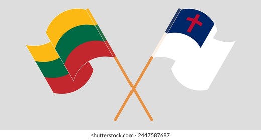 Crossed and waving flags of Lithuania and christianity. Vector illustration
