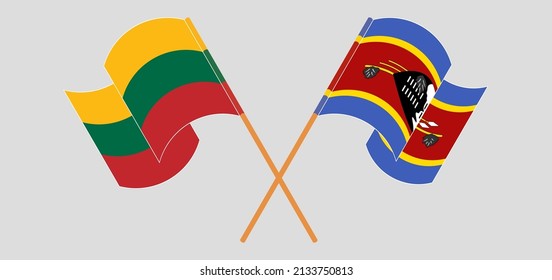 Crossed and waving flags of Lithuania and Eswatini. Vector illustration

