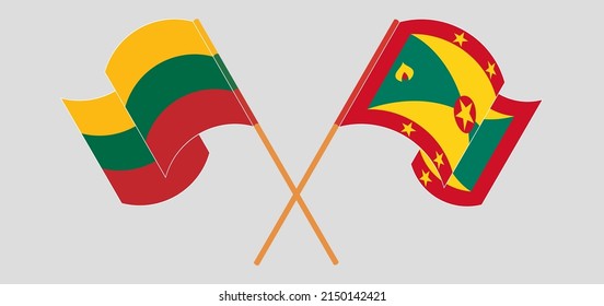 Crossed and waving flags of Lithuania and Grenada. Vector illustration
