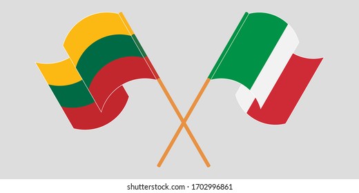 Crossed and waving flags of Lithuania and Italy