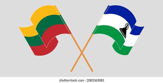 Crossed and waving flags of Lithuania and Kingdom of Lesotho. Vector illustration
