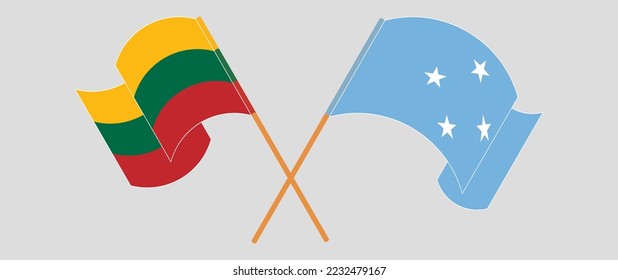 Crossed and waving flags of Lithuania and Micronesia. Vector illustration
