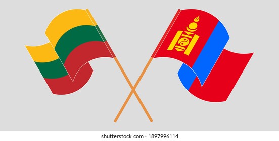 Crossed and waving flags of Lithuania and Mongolia