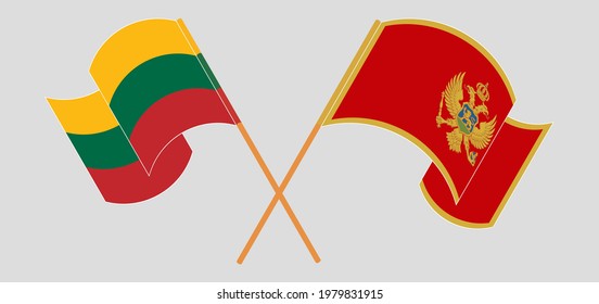Crossed and waving flags of Lithuania and Montenegro