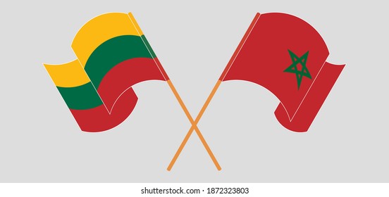 Crossed and waving flags of Lithuania and Morocco