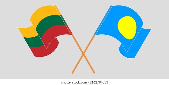 Crossed and waving flags of Lithuania and Palau. Vector illustration
