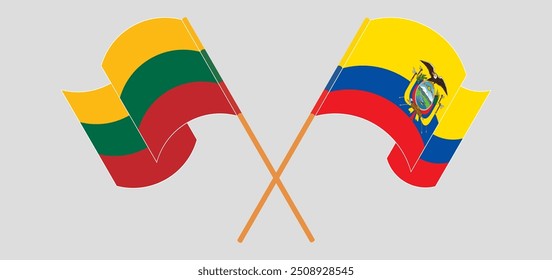 Crossed and waving flags of Lithuania and Republic of Ecuador. Vector illustration
