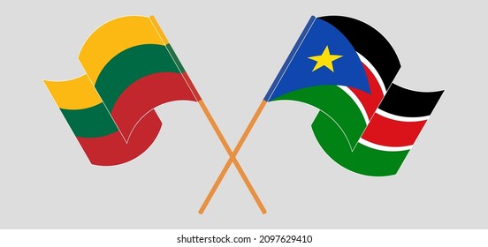 Crossed and waving flags of Lithuania and South Sudan. Vector illustration
