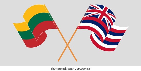 Crossed and waving flags of Lithuania and The State Of Hawaii. Vector illustration
