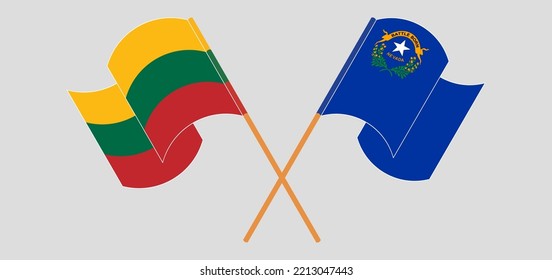 Crossed and waving flags of Lithuania and The State of Nevada. Vector illustration
