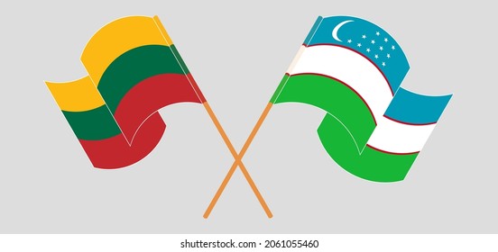 Crossed and waving flags of Lithuania and Uzbekistan