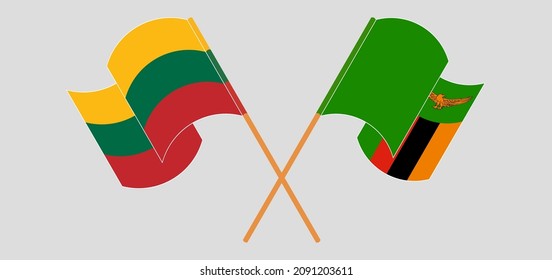 Crossed and waving flags of Lithuania and Zambia. Vector illustration
