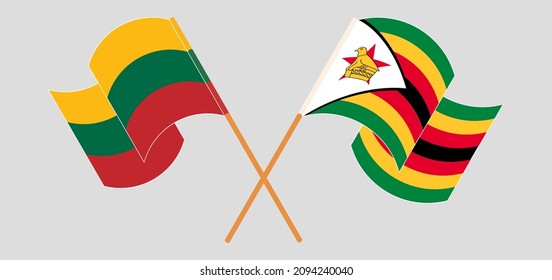 Crossed and waving flags of Lithuania and Zimbabwe. Vector illustration
