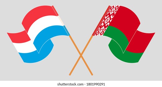 Crossed and waving flags of Luxembourg and Belarus