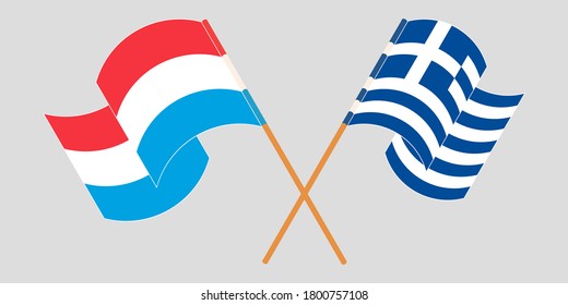 Crossed and waving flags of Luxembourg and Greece