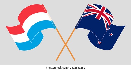 Crossed and waving flags of Luxembourg and New Zealand
